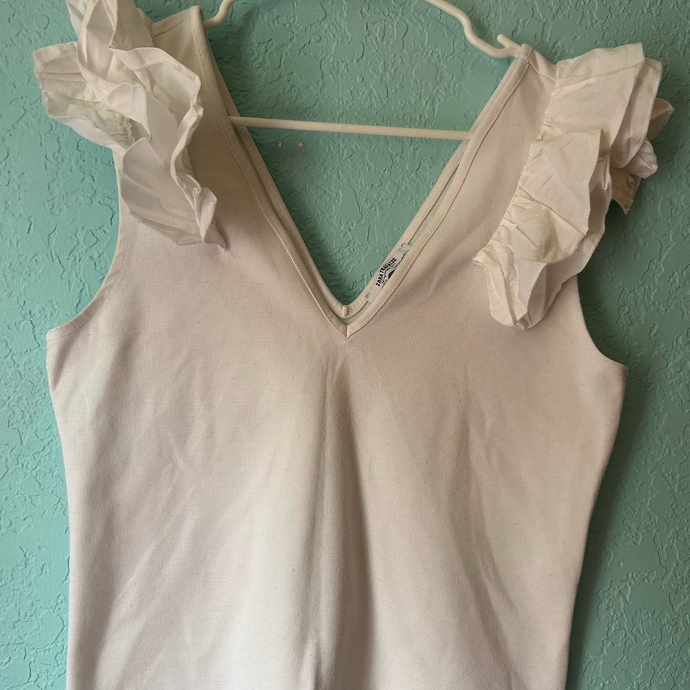 Zara Cream V-Neck Tank with Ruffle Shoulder Detail